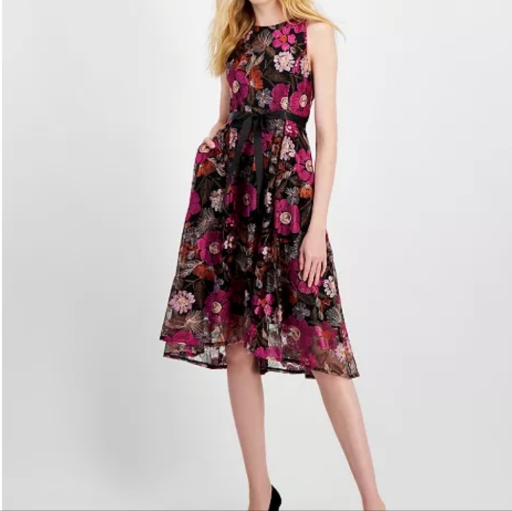 Tahari ASL Black Floral Midi Dress